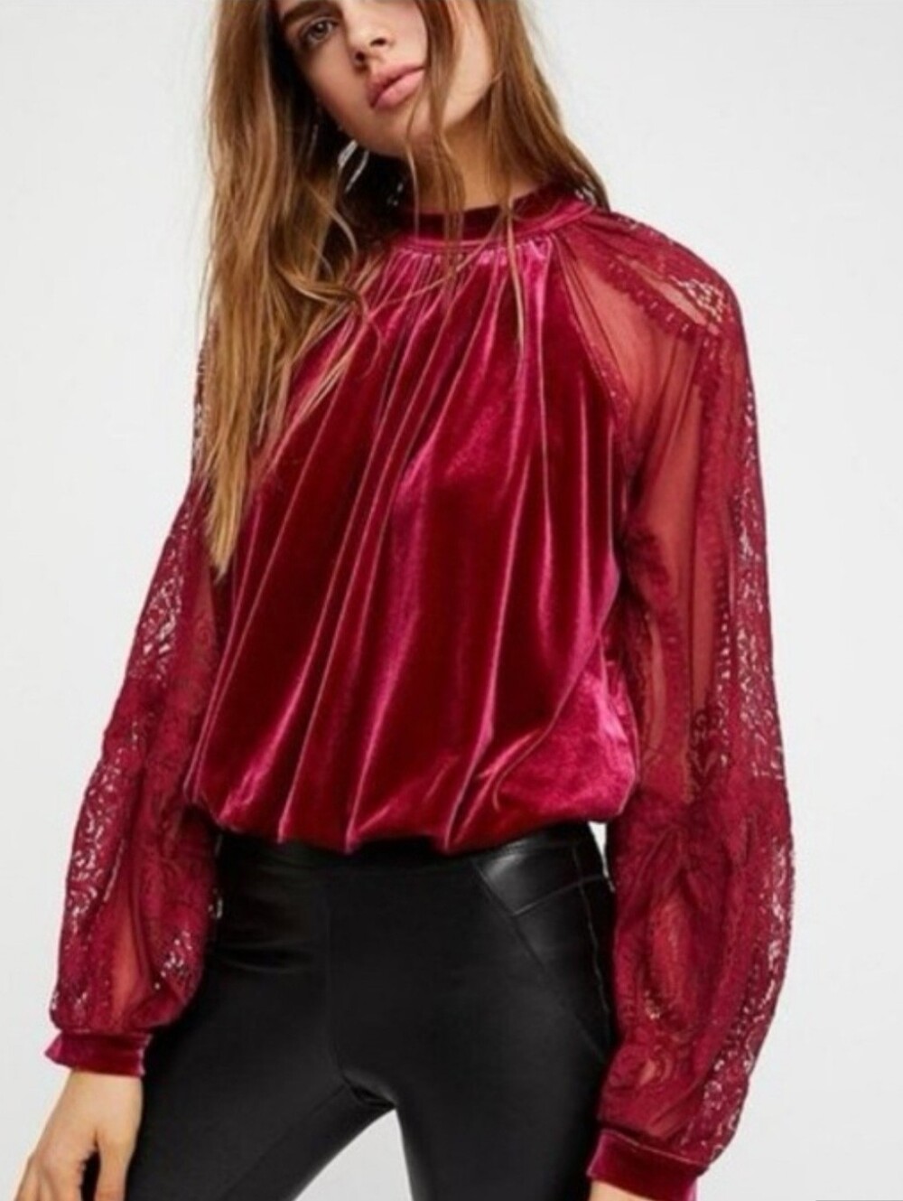 Free People Dream Team Top Raspberry Red Velvet Lace Balloon Sleeves Small Goth